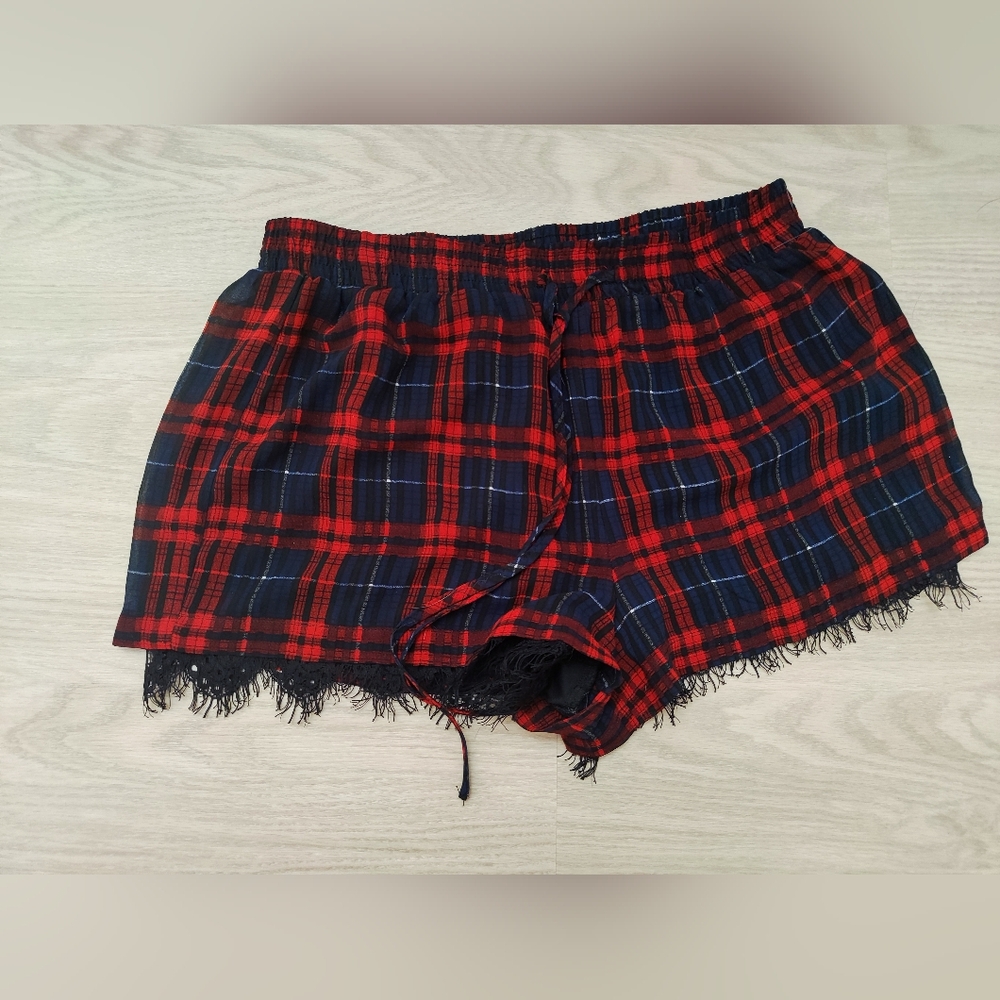 Forever 21 Black and Red Plaid Shorts with Lace